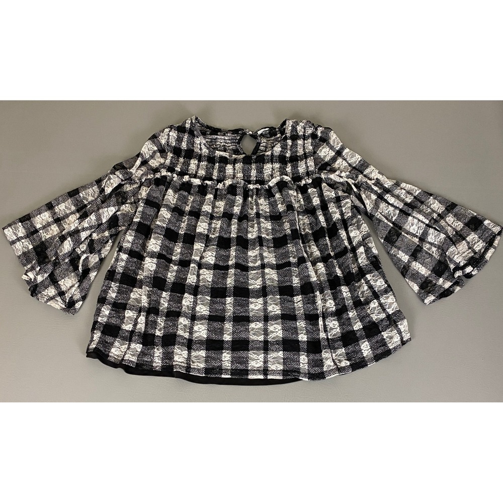 Time and Tru Blouse Top Plus 16/18 XL/XG‎ Black White Plaid Bell Sleeve Smocked